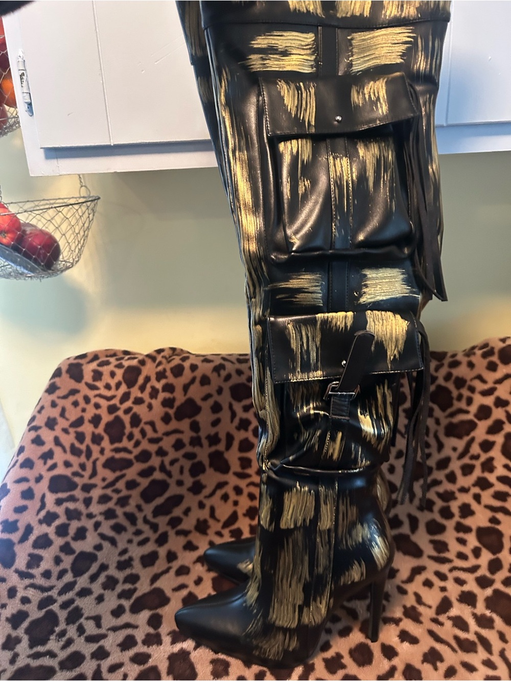 Sexy Black & Gold Buckle Knee-High Stiletto Boots - Picture 13 of 16